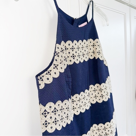 Lilly Pulitzer Annabelle True Navy/Metallic Gold Lace Stripe Shift Dress 4 - Picture 8 of 15